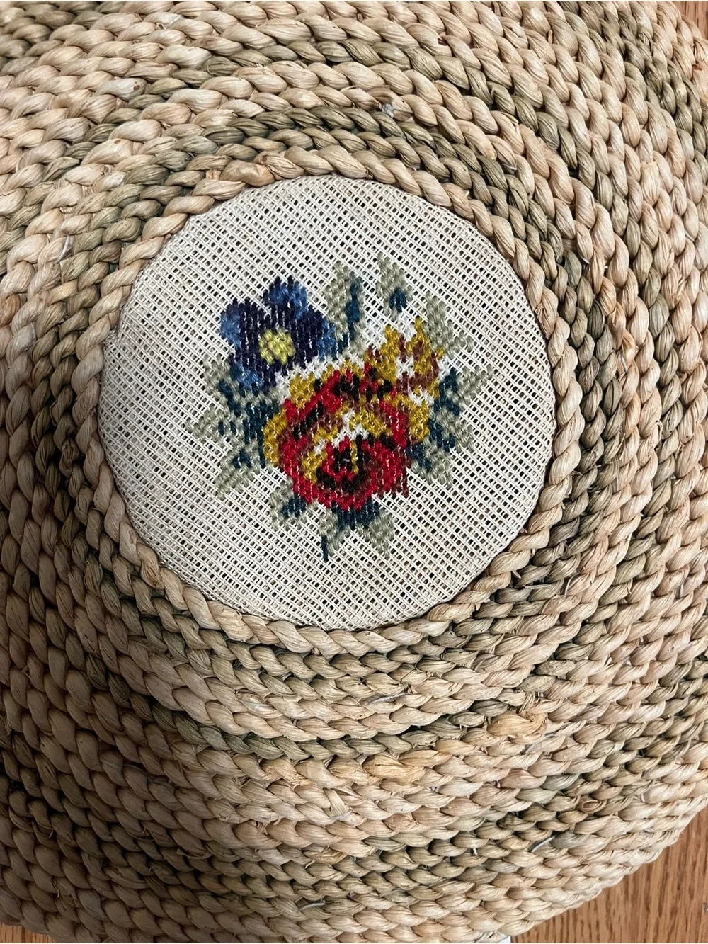 Vintage Needlepoint Floral Centers Corn Husk Seat Cushion Round Pillow Handmade